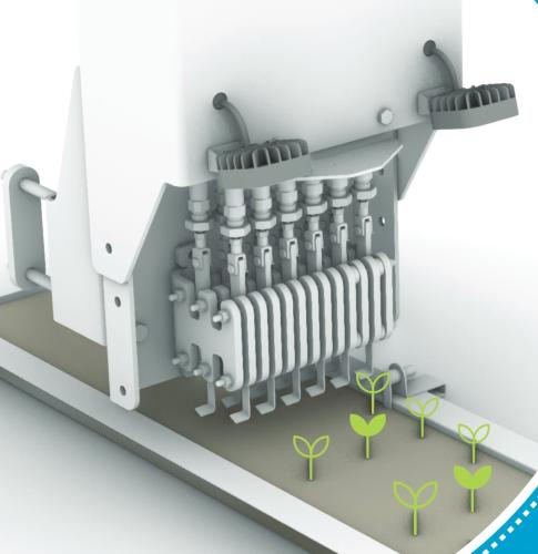 Abbildung 1: Entwurf des mechanischen Hackmoduls mit passiven Werkzeugen. Die 12 Werkzeuge mit einer Arbeitsbreite von ca. 15 mm können unabhängig voneinander pneumatischen abgesenkt werden, um einzelne Beikräuter unterhalb der Erdoberfläche zu schneiden © M Henke, TUD